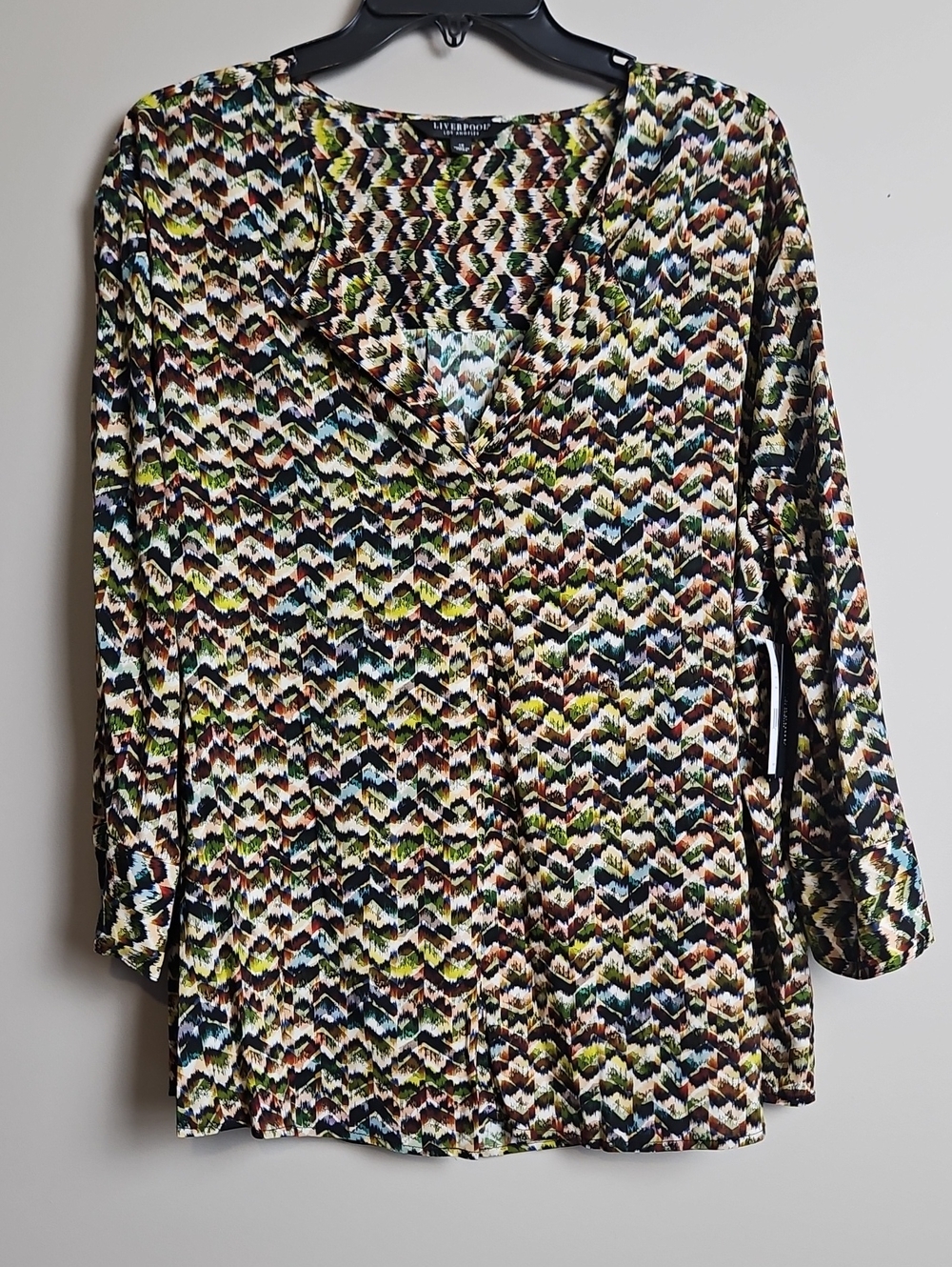 Liverpool 3/4 Sleeve Split neck Top: Color- Tourmaline Multi: Size- 1X